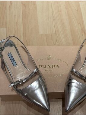 Prada Metallic Silver Pointed Slingback Flats